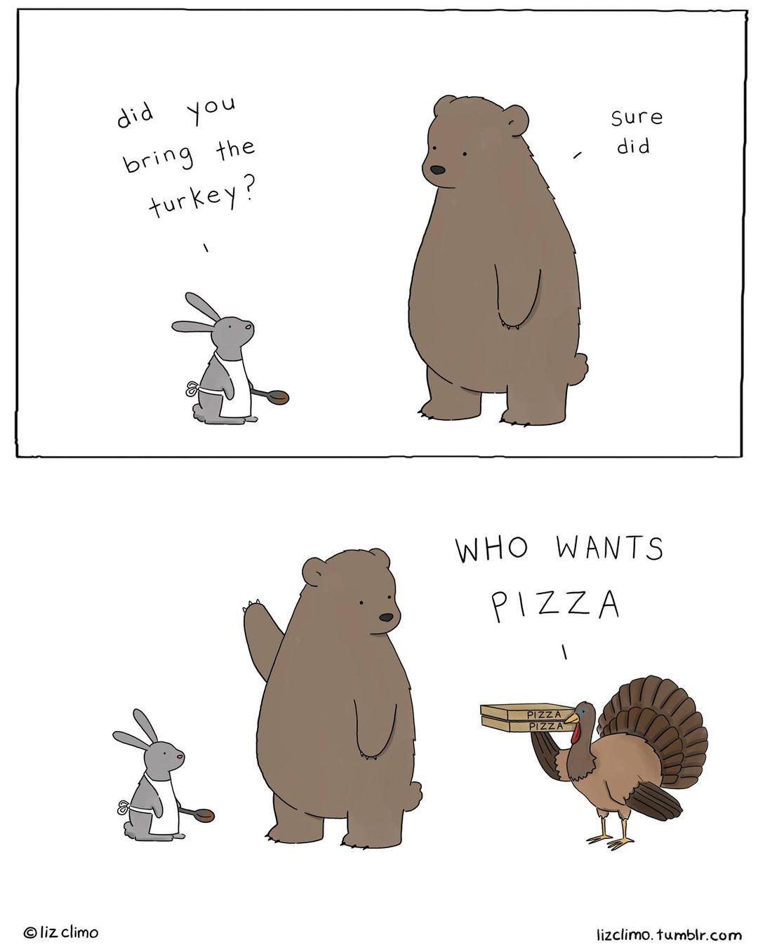 Bunny asks Bear, did you bring the turkey?