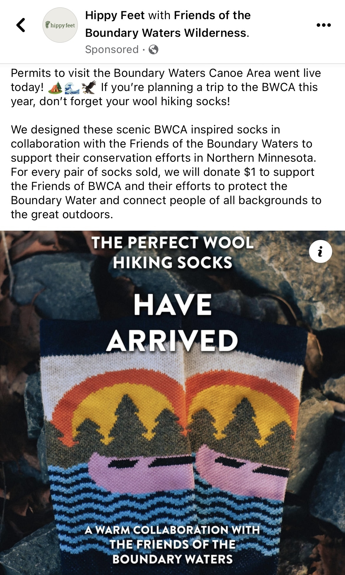 Friends of the Boundary Waters x Hippy Feet Wool Socks Ad Ad on Facebook for Hippy Feet wool socks